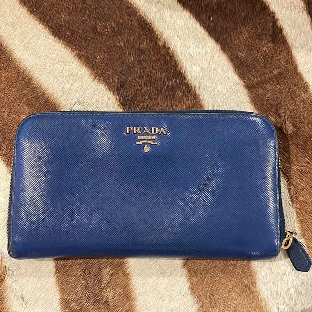 PRADA Saffiano large zippered leather wallet. Royal blue.  In the Prada line.